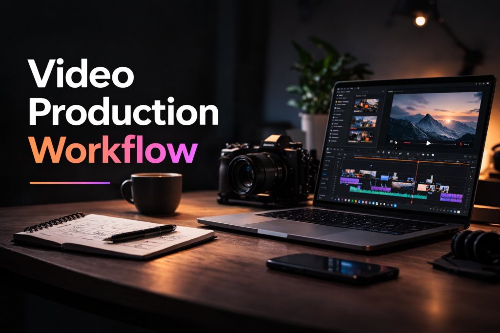 alt="Video production workflow stages from idea to publishing"