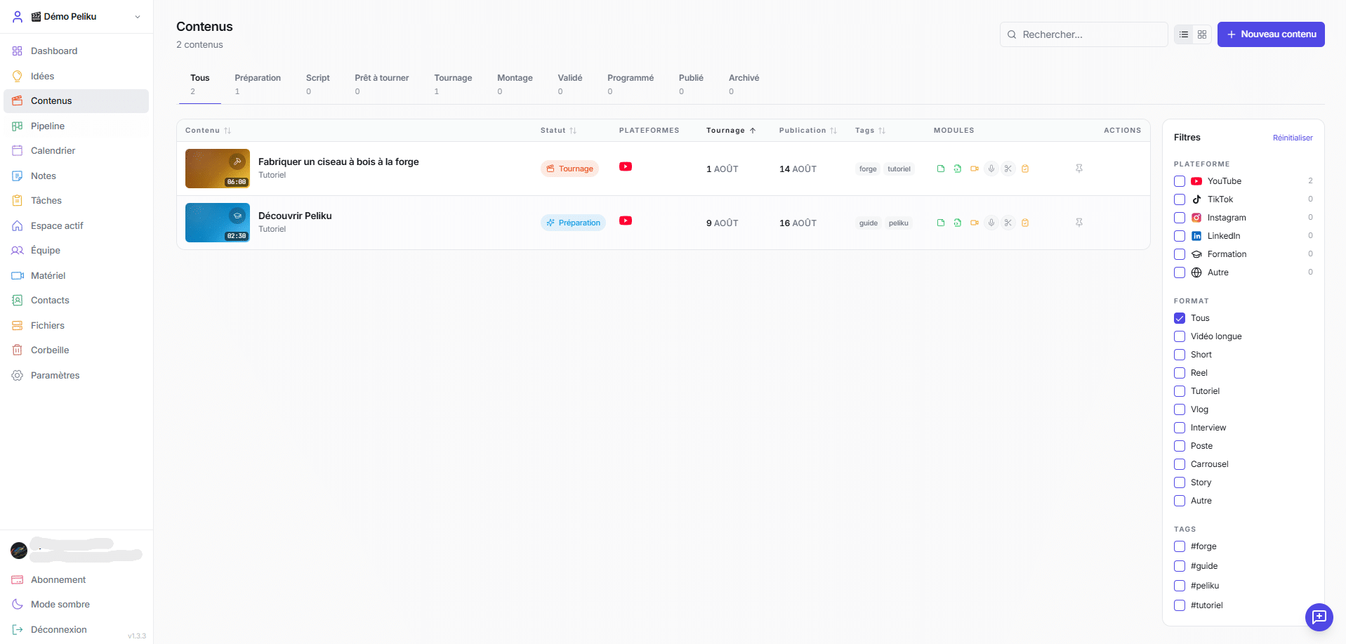 Content management inside Peliku video production software