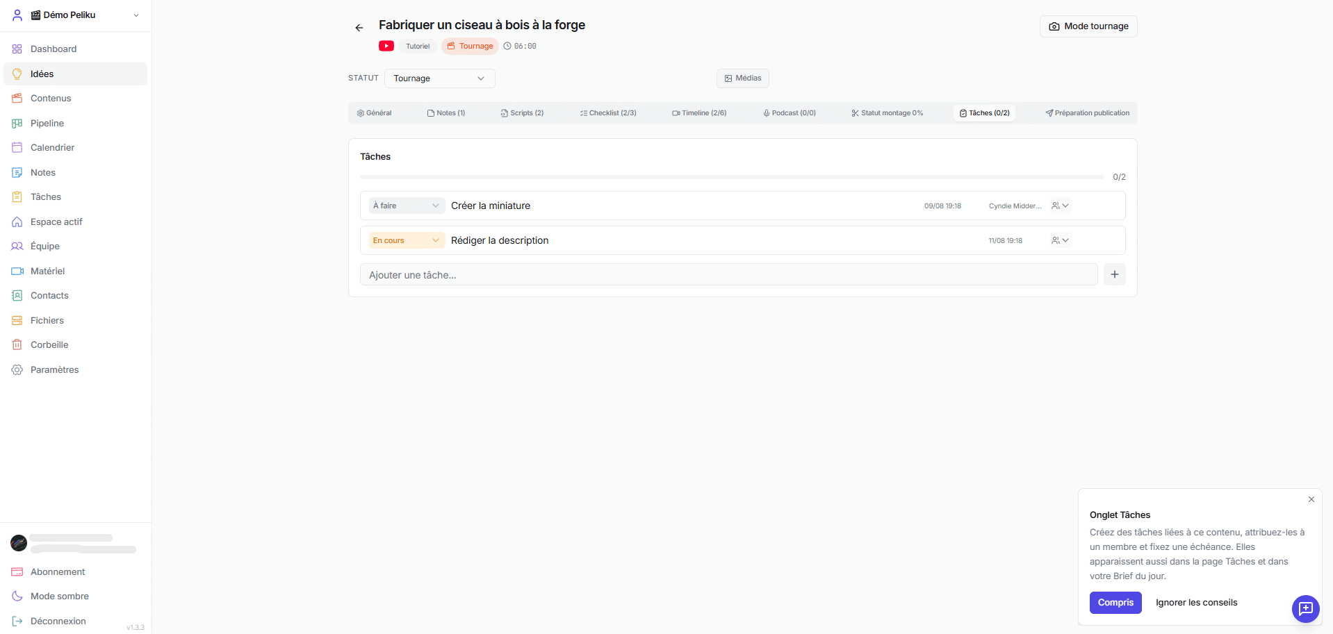 Tasks inside a Peliku video production project